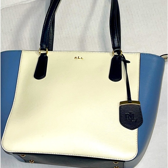 RALPH LAUREN WOMEN'S BAG cream and blue with zip closure at the top - Picture 1 of 15
